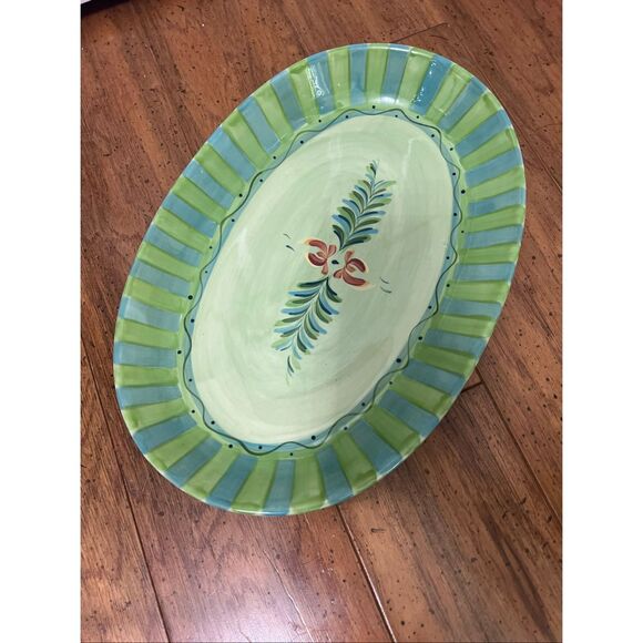Gail Pittman Provence 14" Oval Serving Platter Flowers Green Bands Hand Painted - Picture 9 of 9